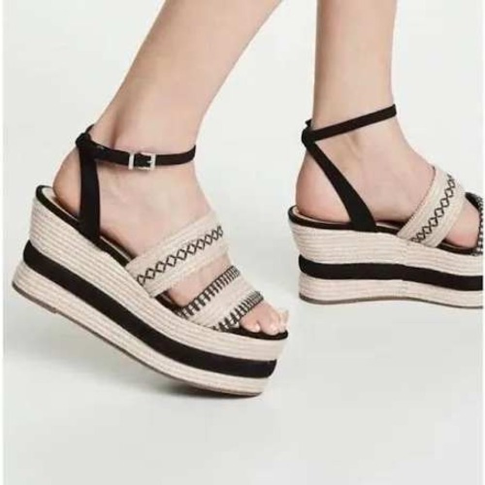Schutz Denes Platform Wedge Sandal Size 10 Black Beige Espadrille Embroidered
